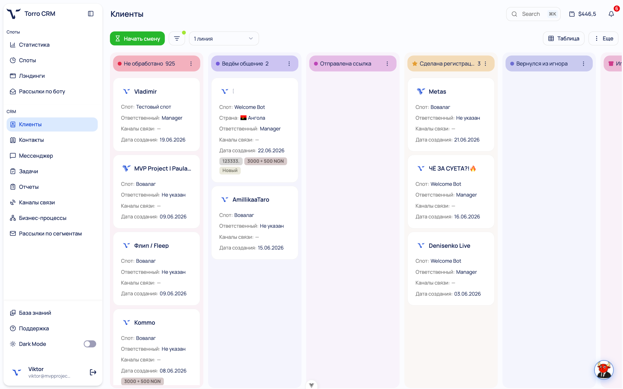 Интерфейс Torro CRM