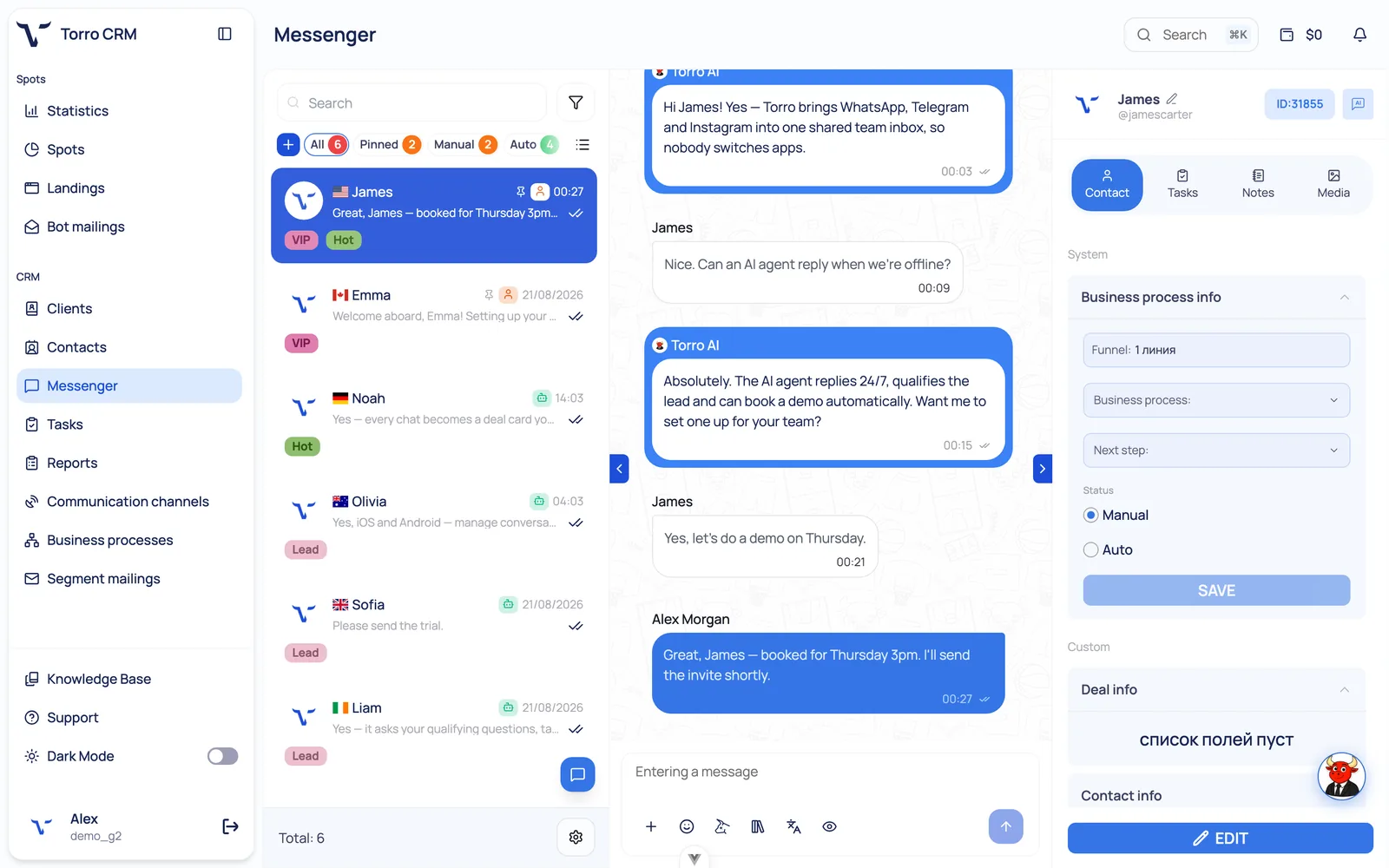 Torro CRM chat with the deal card open beside it: contact, tasks, notes and media tabs, funnel stage, business process fields and deal info