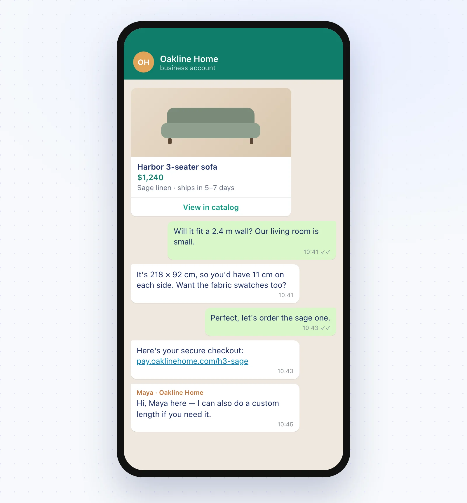 WhatsApp chatbot example: product catalog card, size question answered, payment link and handoff to a human