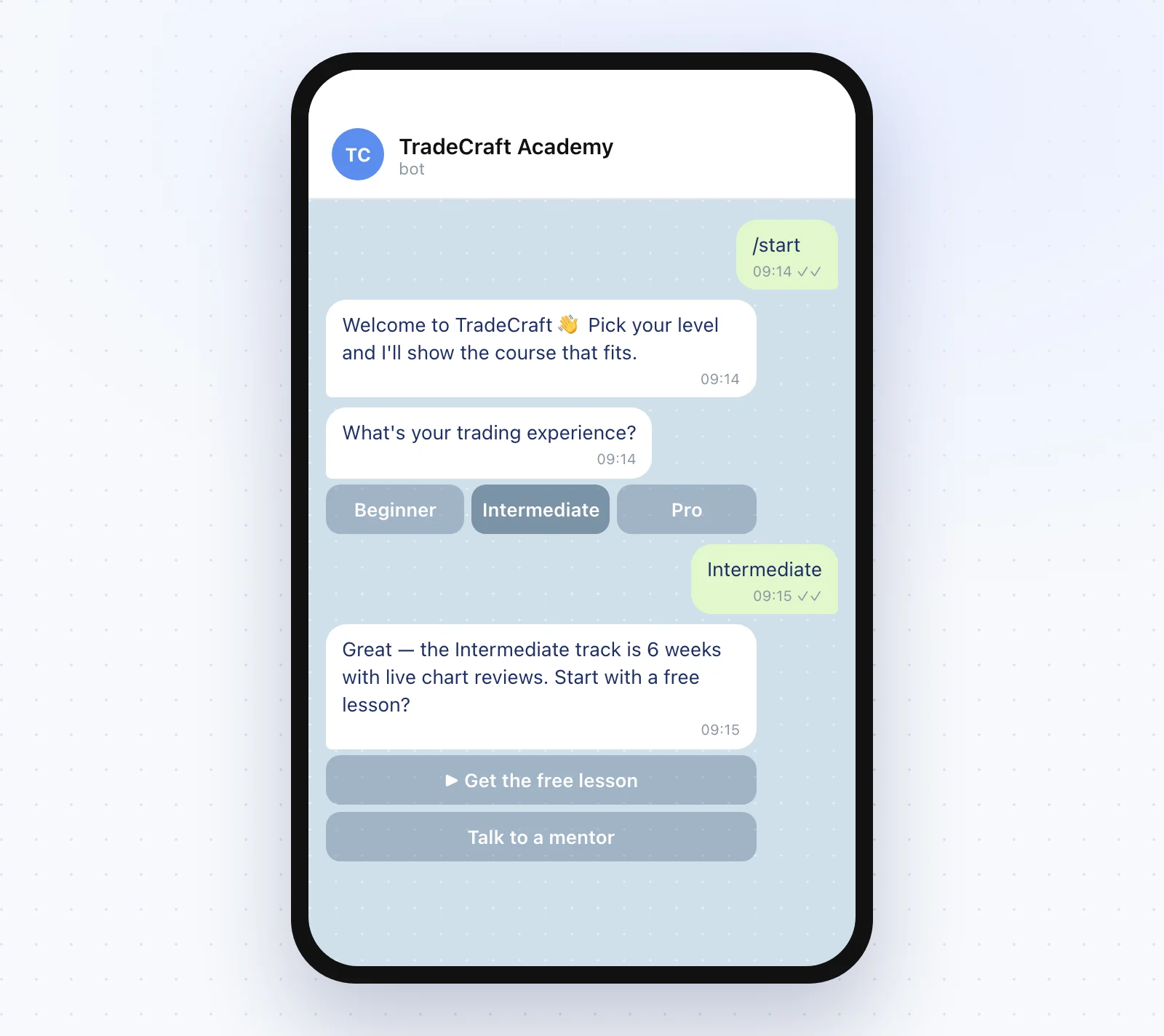 Telegram chatbot example with inline buttons qualifying a lead as Beginner, Intermediate or Pro