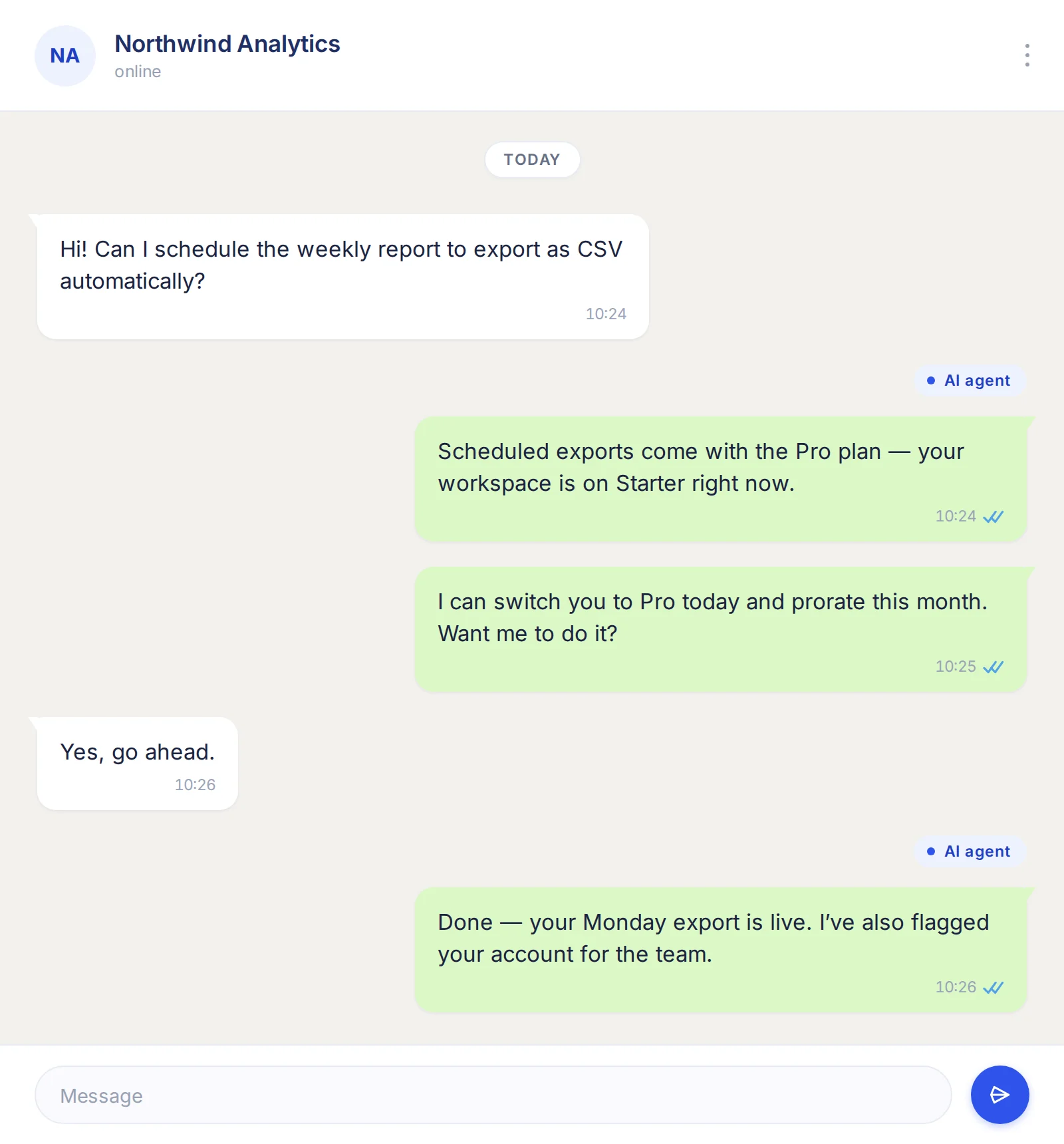 turn support bot into sales bot — whatsapp chat where a support answer becomes a plan upgrade