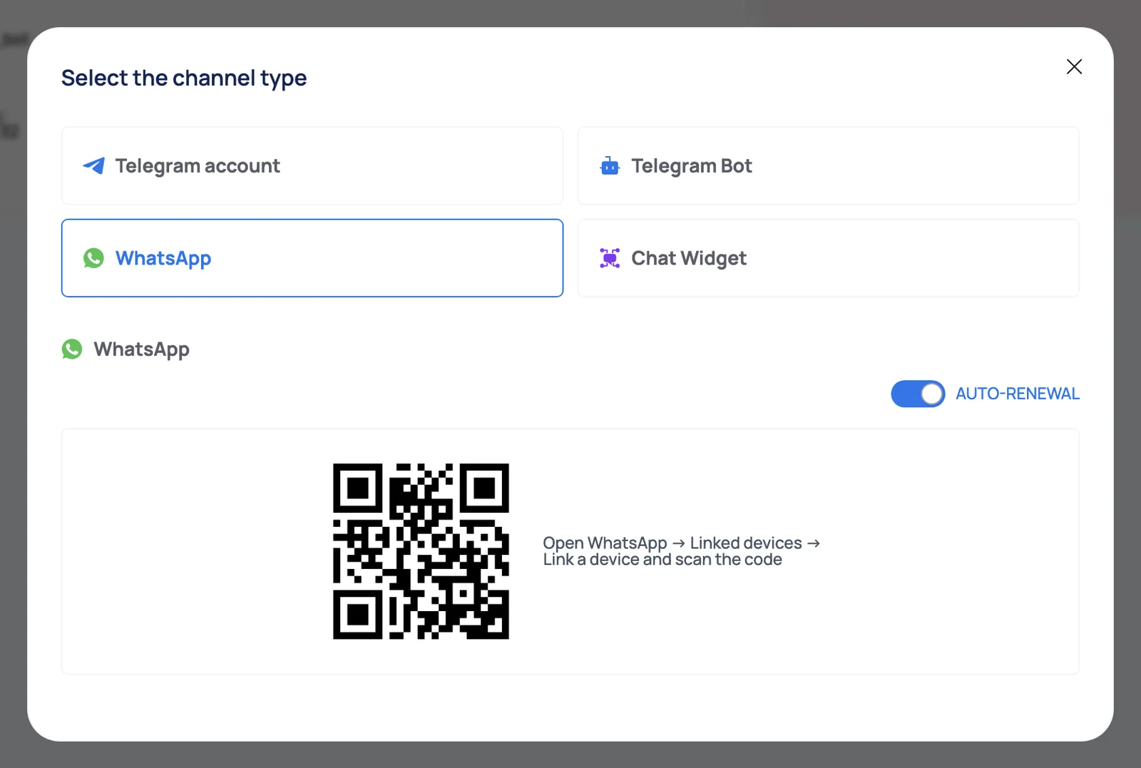 Connecting WhatsApp in Torro CRM: channel type selection with a QR code for a linked device