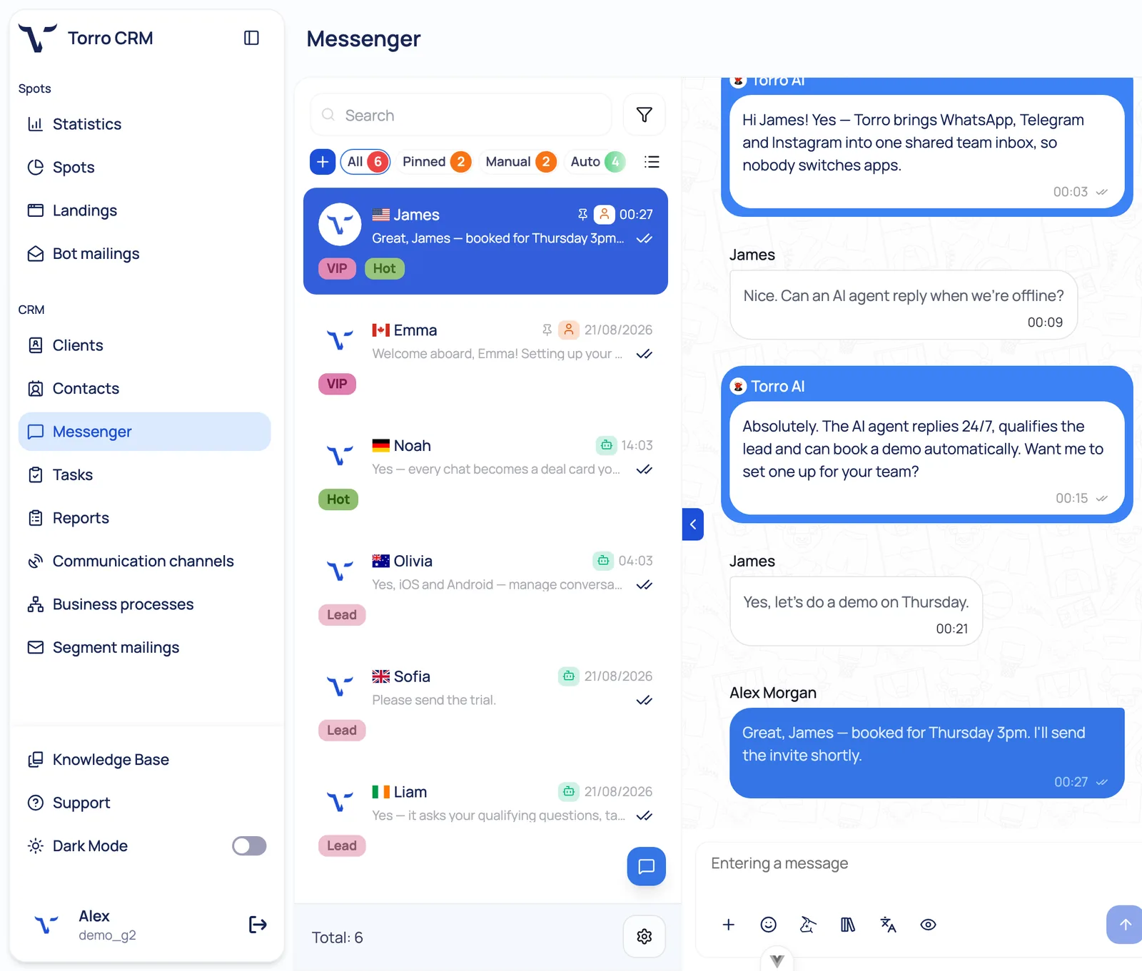 Torro AI agent replying inside a Telegram chat: it says it works 24/7, qualifies the lead and offers to book a demo, and a manager confirms the slot