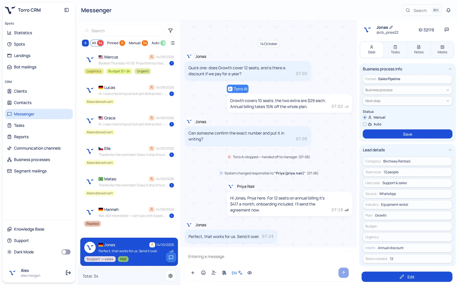 shared inbox handoff from an ai agent to a human sales rep