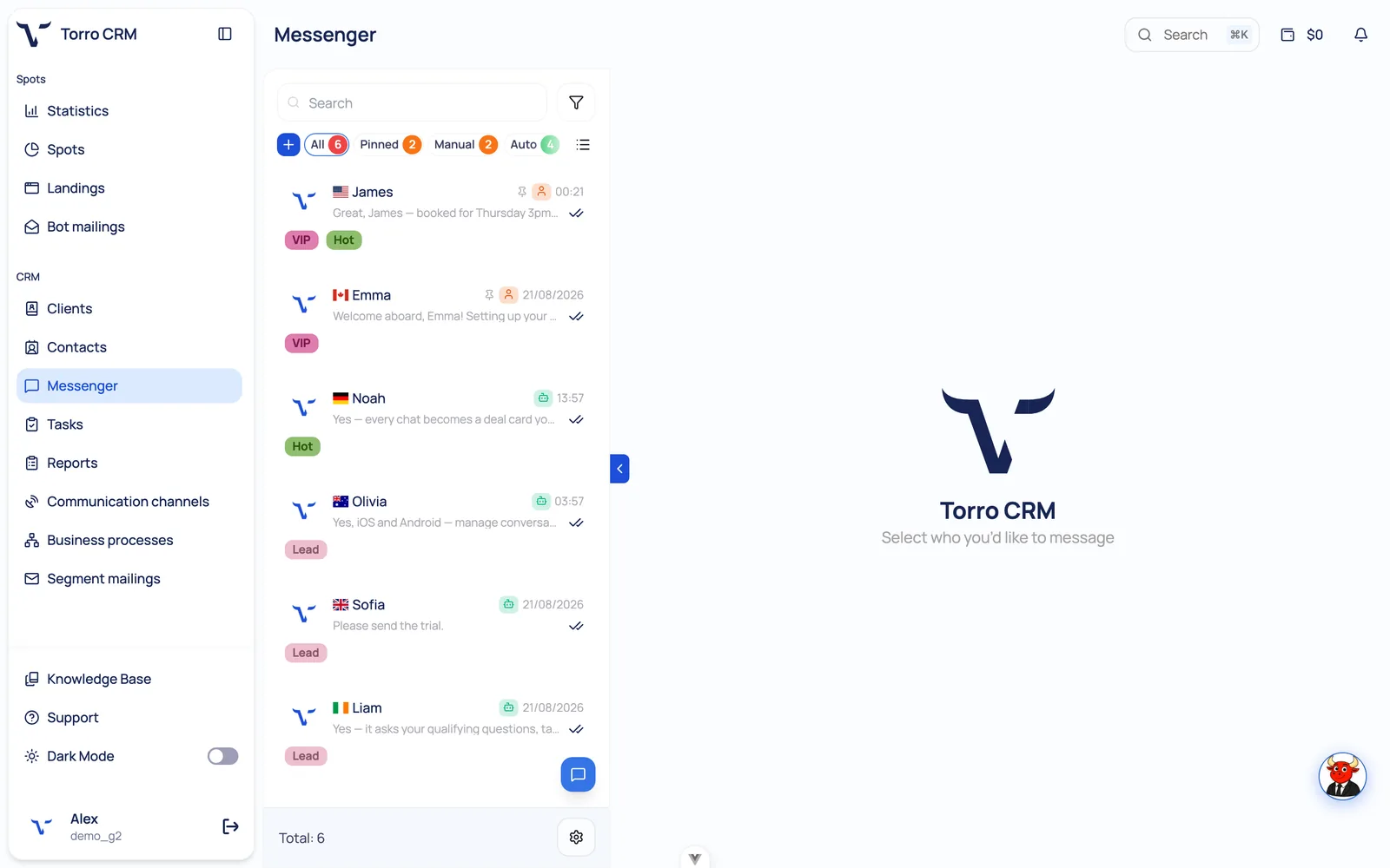 Torro CRM shared inbox: a single chat queue with conversations from several countries, VIP, Hot and Lead tags and Pinned, Manual and Auto filters