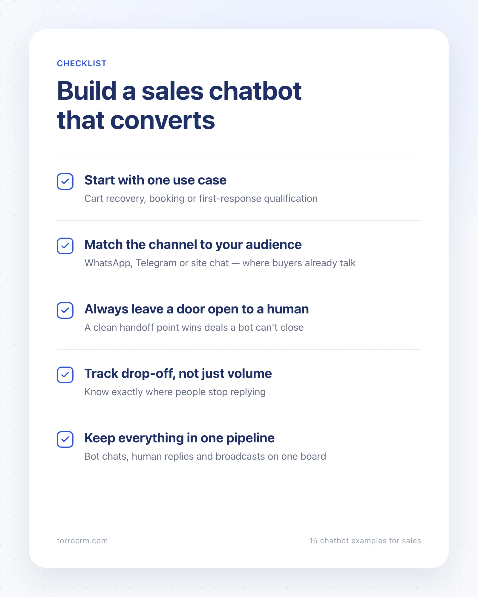 Checklist for building a sales chatbot: one use case, right channel, human handoff, track drop-off, one pipeline