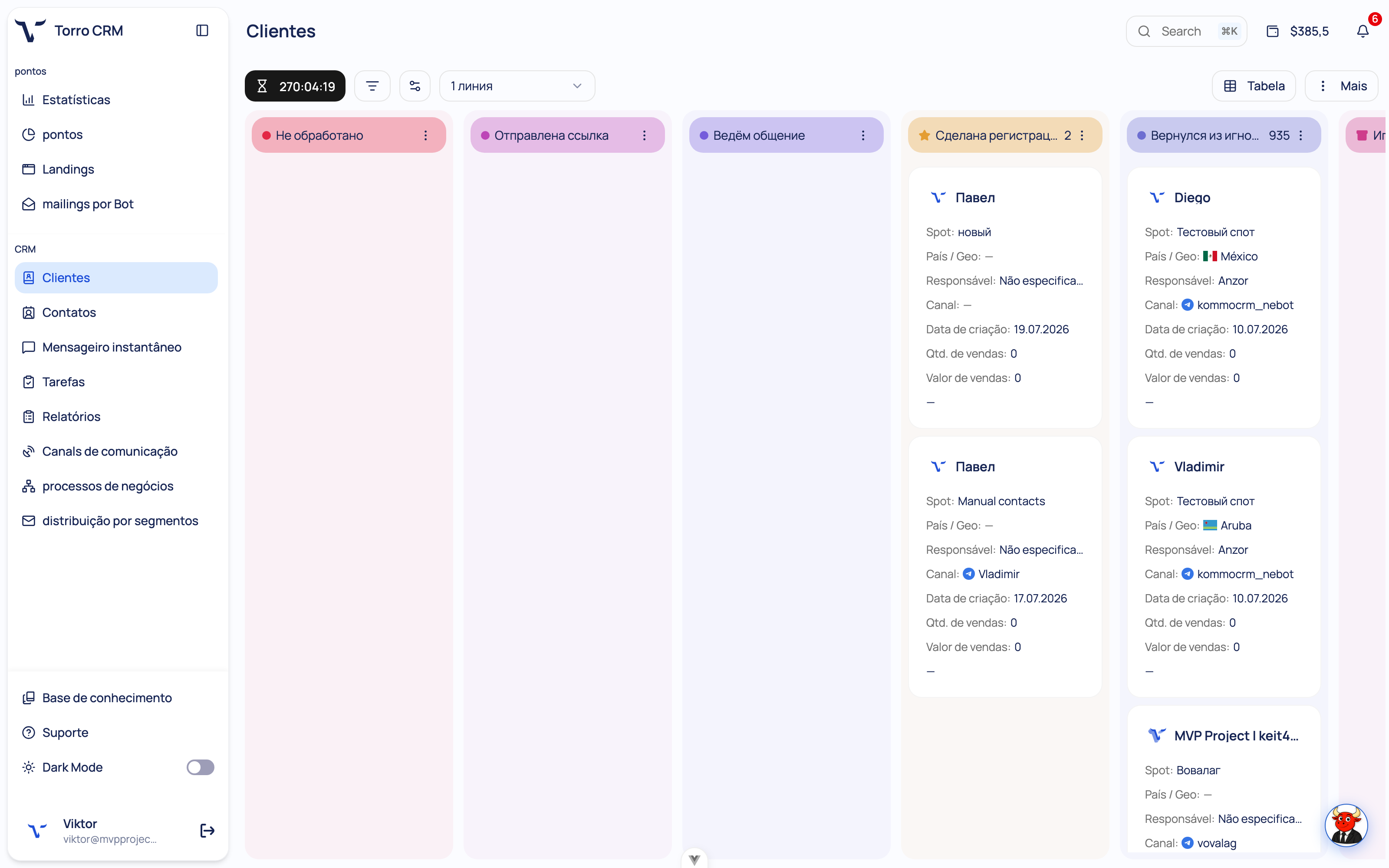 Funil kanban da Torro AI: os clientes avançam pelas etapas e os cartões se preenchem sozinhos.