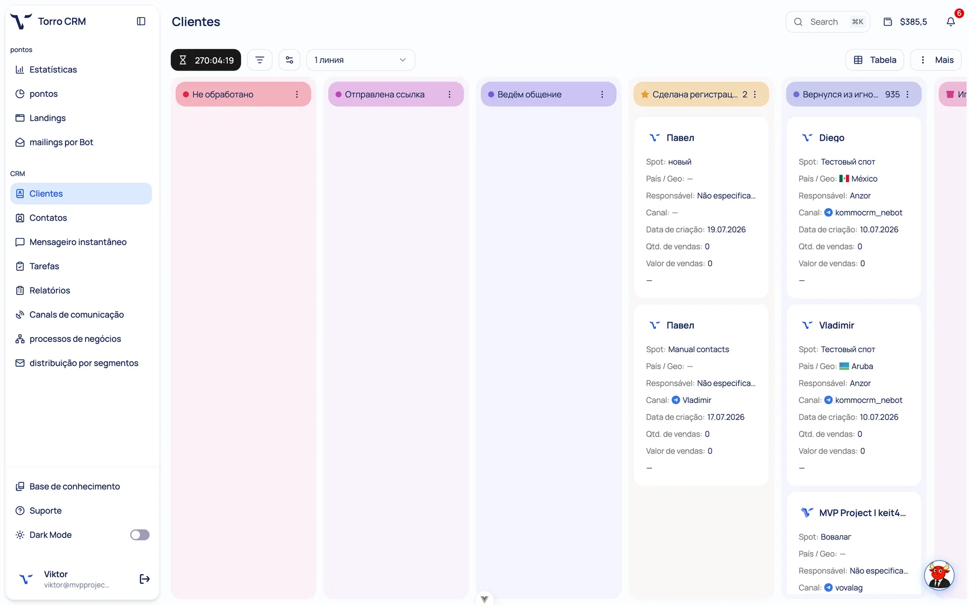 Funil kanban da Torro AI: os clientes avançam pelas etapas e os cartões se preenchem sozinhos.