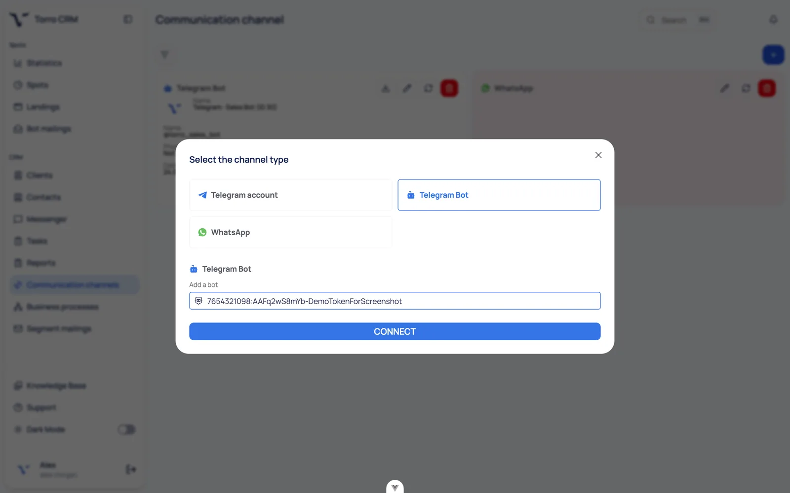 Torro CRM channel setup screen: the Select the channel type dialog with Telegram Bot chosen and a bot token pasted into the Add a bot field