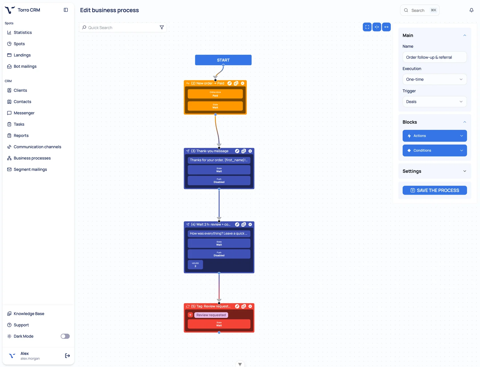 No-code chatbot automation: a paid order triggers a thank-you message, a review request after 2 hours and a tag
