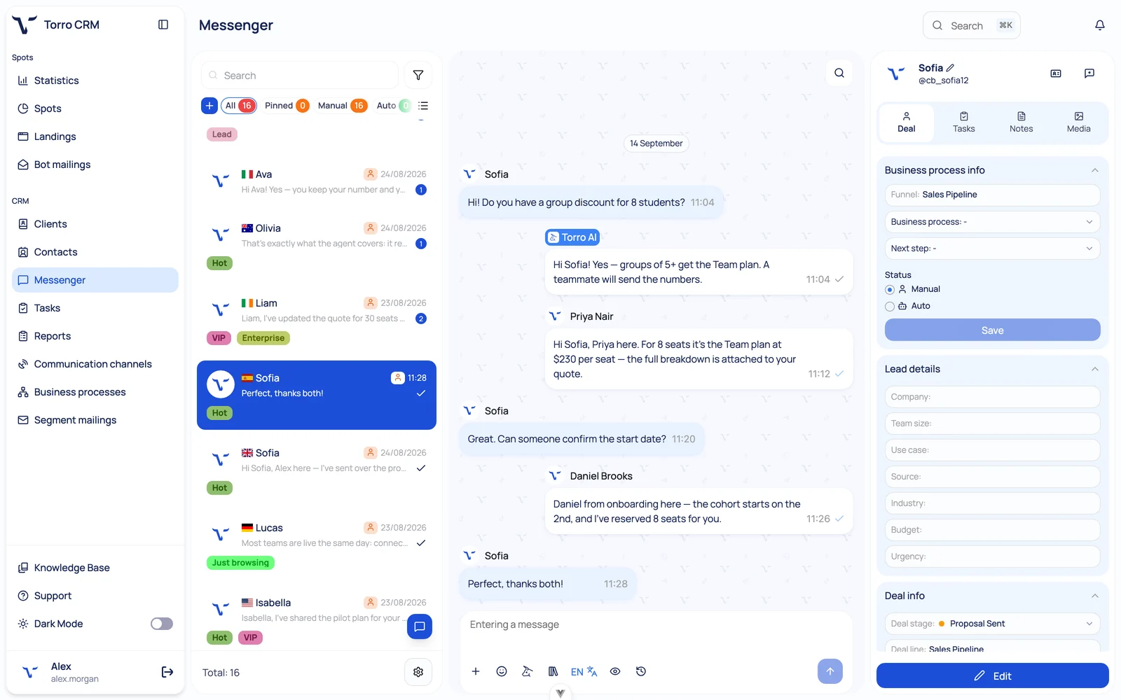 AI chatbot example for business: AI agent reply in a shared inbox with lead details and deal stage